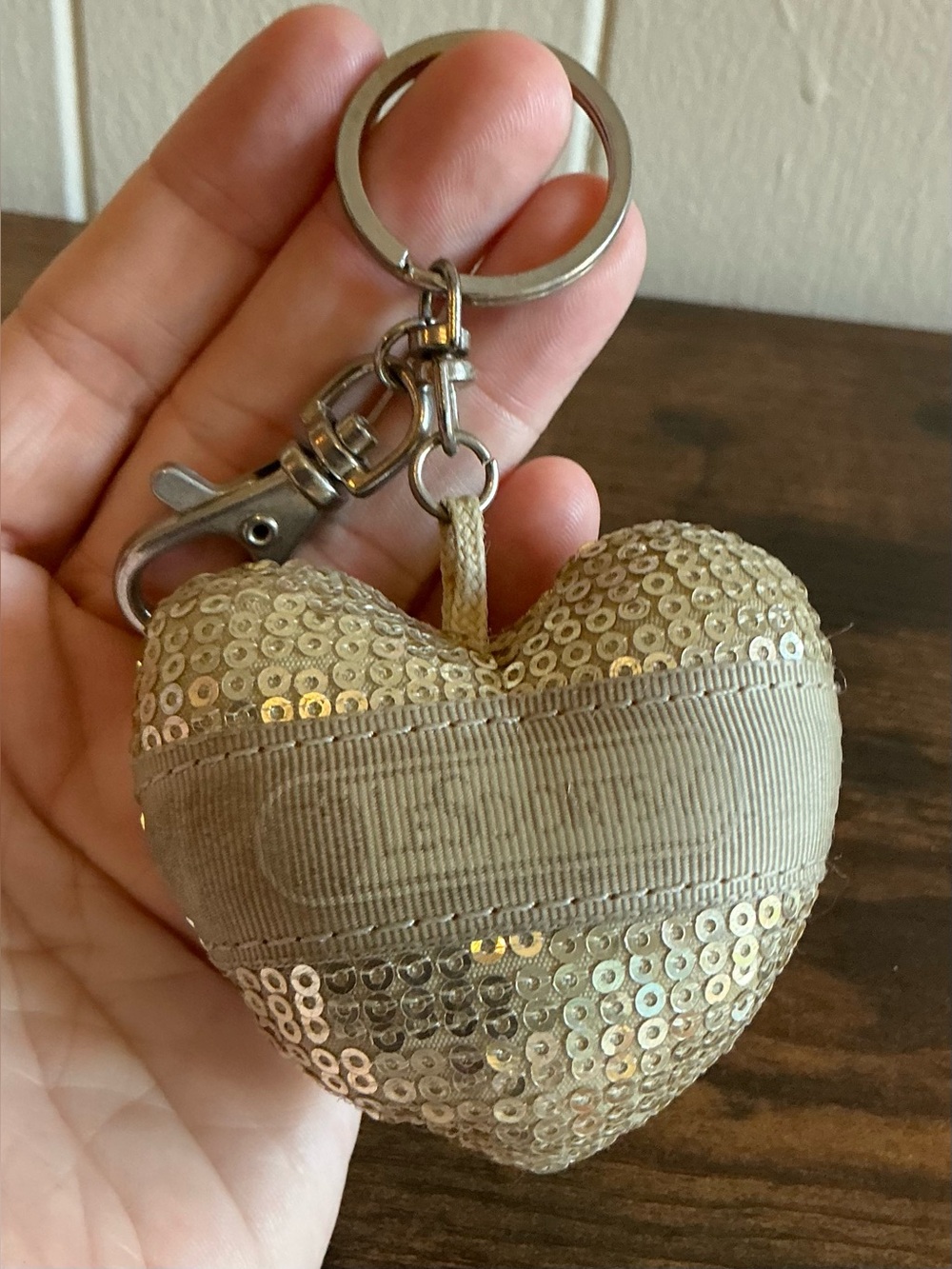 A Very Rare Vintage Gold Sequence Heart LeSportsac Keychain Keyring Bag Charm